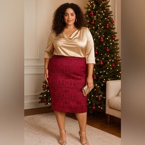NWT Worthington Red Jacquard Pencil Skirt Plus Size 20W Holiday Party Workwear